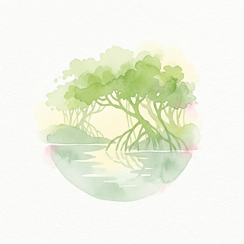 Watercolor illustration showing mangrove trees with exposed roots in water and their reflection