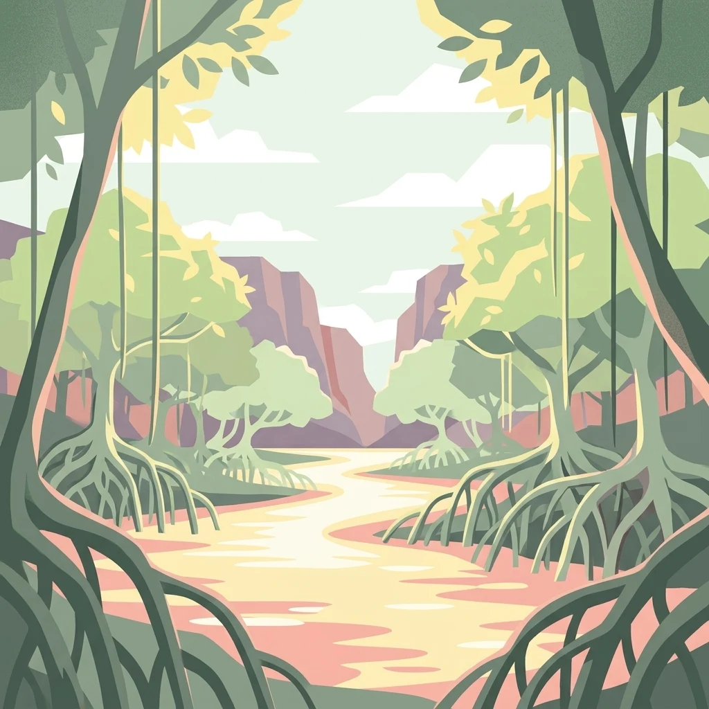 Stylized illustration of mangrove trees with exposed roots, a winding waterway, and rocky cliffs in the background