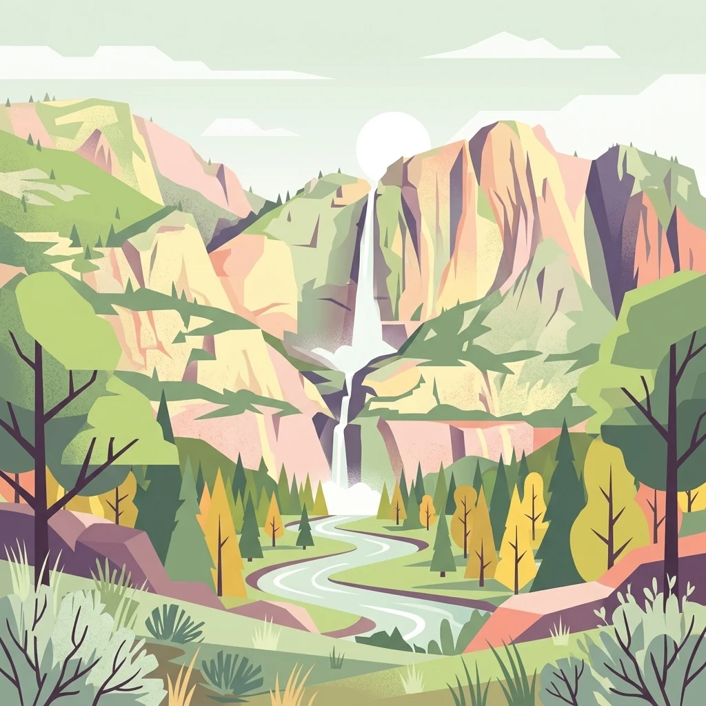 A flat-design, stylized illustration of a mountain valley. A two-tiered waterfall cascades down rocky cliffs in the center, feeding a winding river that flows through a forest of pine and deciduous trees toward the viewer.