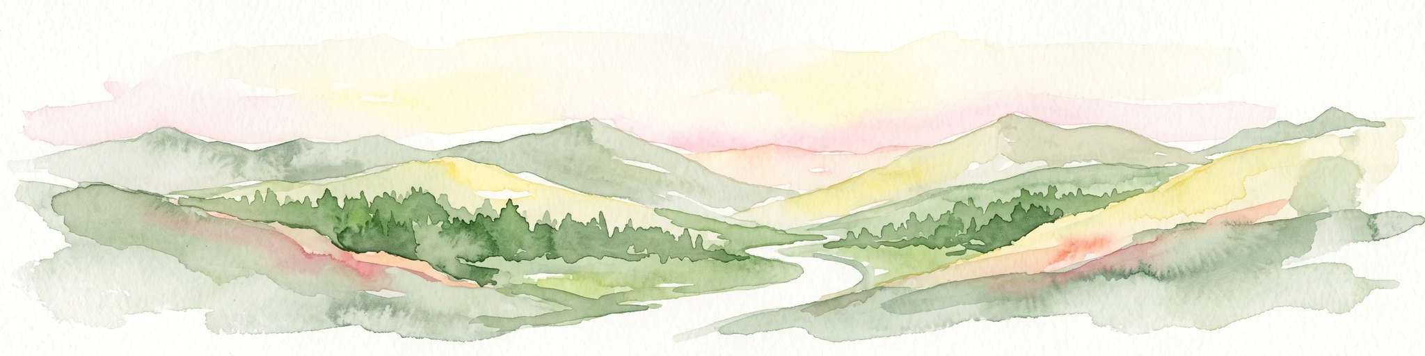 Una pintura en acuarela que muestra una vista panorámica de montañas verdes onduladas con un arroyo serpenteante a través de un valle boscoso.