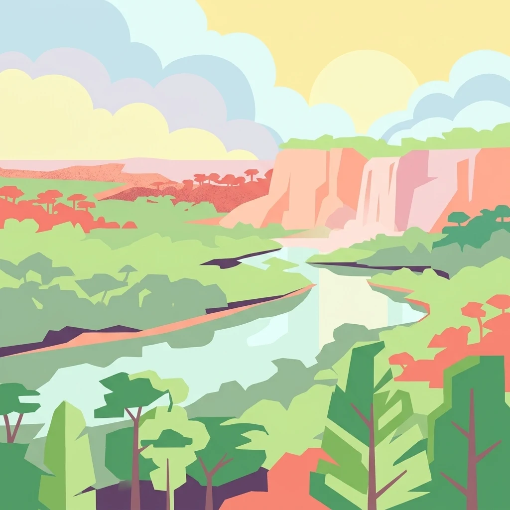 Una ilustración digital estilizada de un río serpenteante que fluye a través de una selva frondosa con acantilados lejanos y nubes, usando una paleta de colores plana.