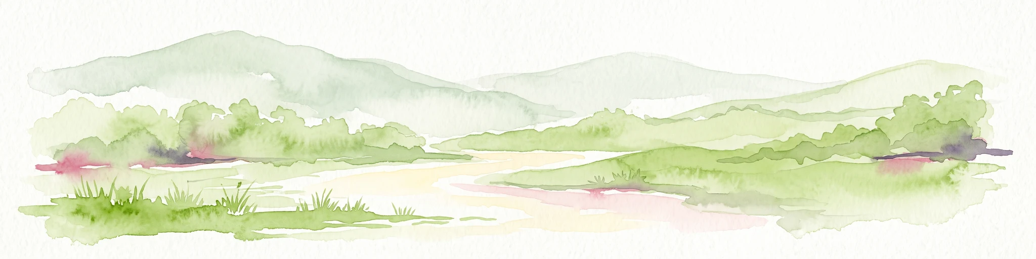 Una pintura minimalista en acuarela que representa un paisaje verde suave con colinas onduladas al fondo y un primer plano herboso y plano.