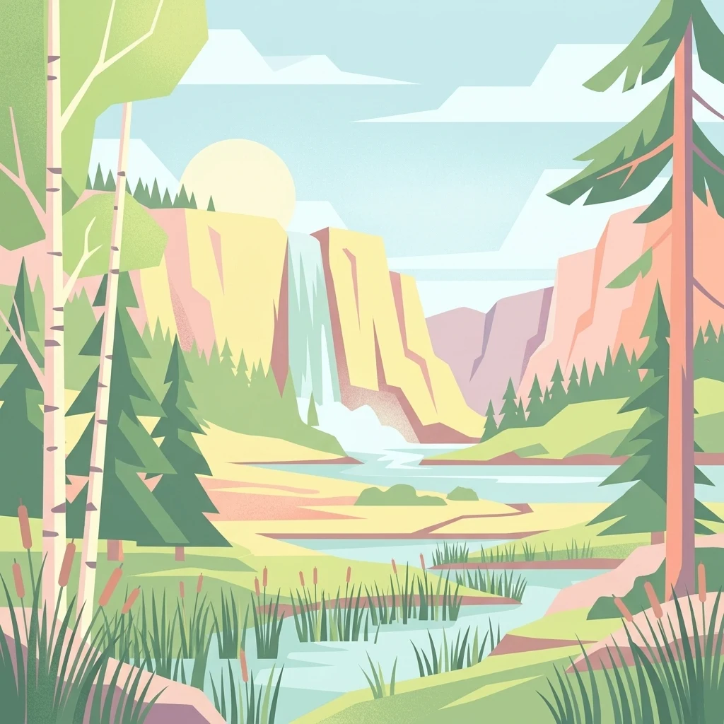 Stylized vector illustration of a scenic valley with a waterfall in the distance, a meandering river in the foreground, and tall trees on both sides.