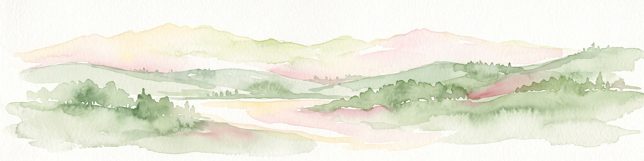 A minimalist watercolor painting depicting soft green rolling hills in the foreground and faded pink mountain ridges in the background on a white paper background.