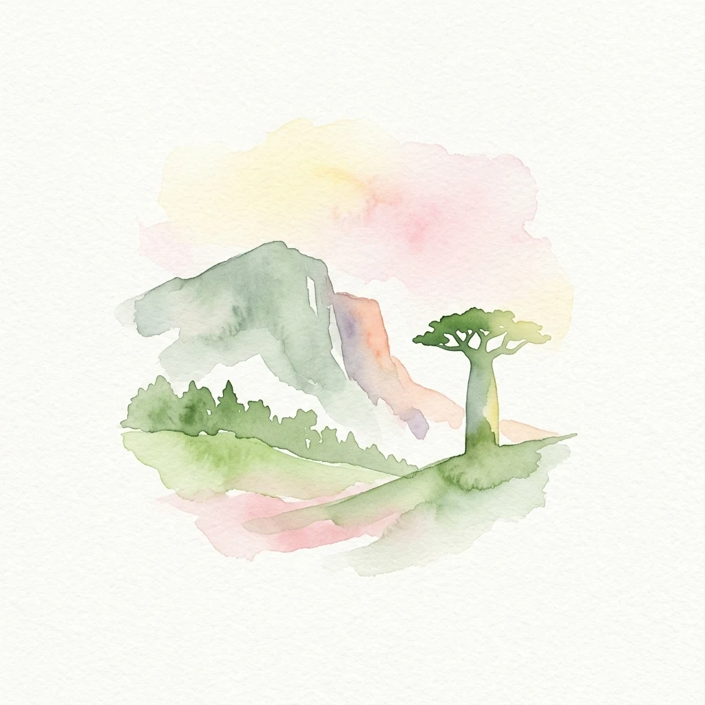 Ilustración en acuarela que muestra un árbol, colinas y un cielo pastel
