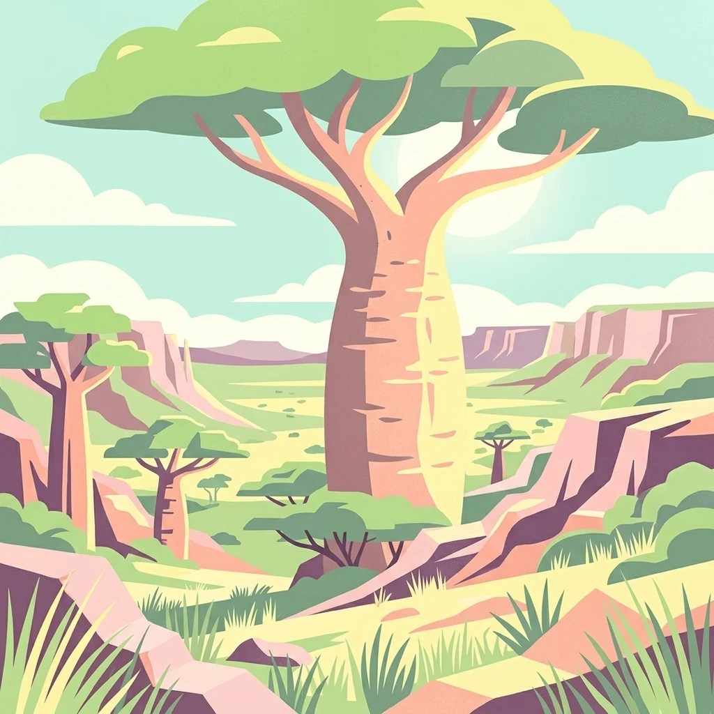 Ilustración de paisaje de sabana con un gran árbol baobab, baobabs más pequeños, afloramientos rocosos y terreno cubierto de hierba bajo un cielo despejado
