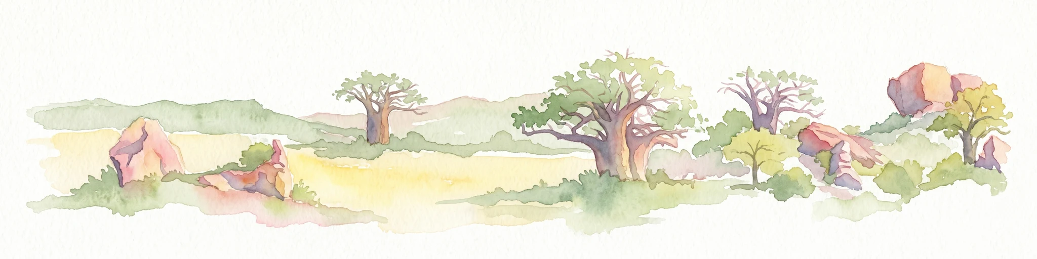 Ilustración en acuarela de un paisaje de sabana con árboles dispersos y formaciones rocosas