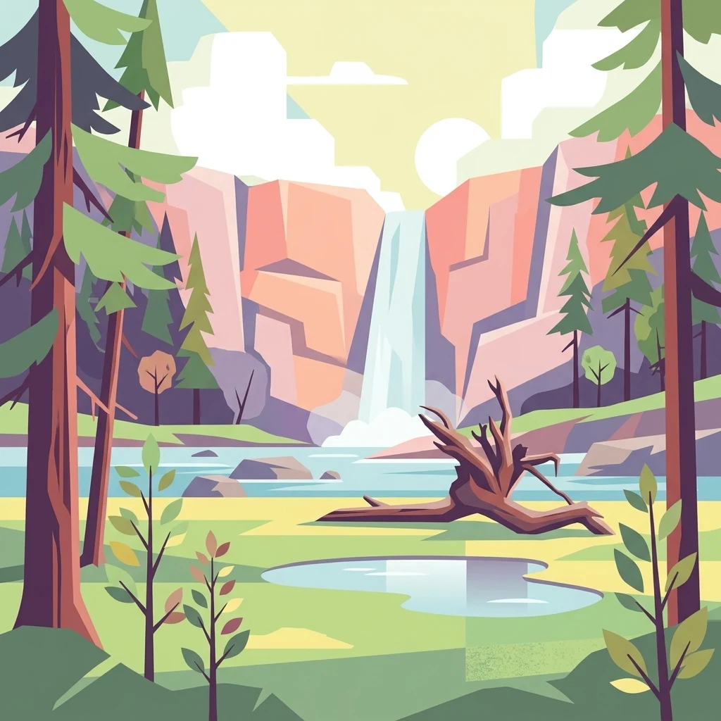 A stylized flat vector illustration of a forest landscape with a central waterfall flowing into a river with a large piece of driftwood in the foreground.