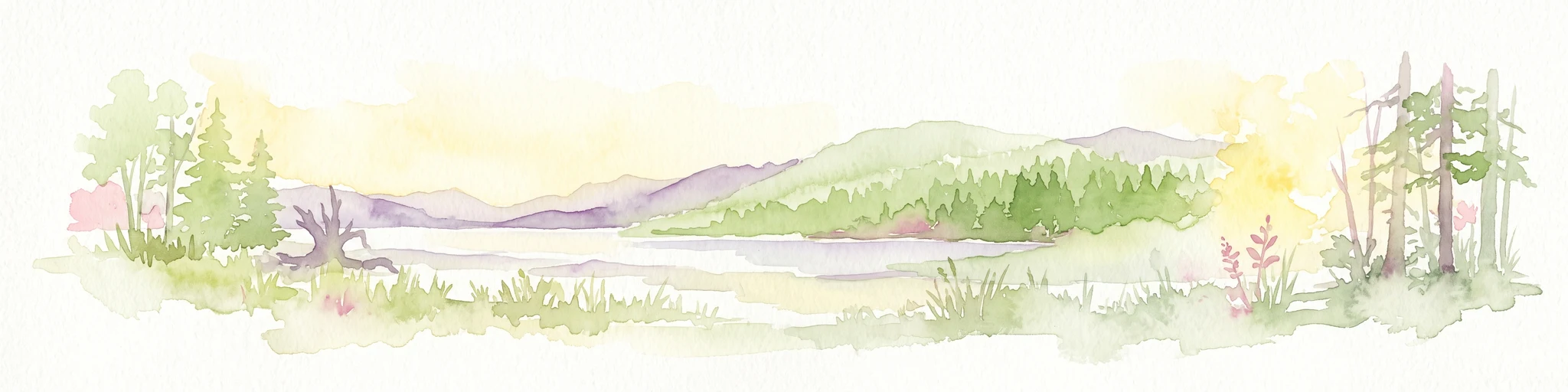 A watercolor painting showing a serene lake view with forested shoreline, grassy foreground, and rolling mountains in the distance, set against a soft, light background.