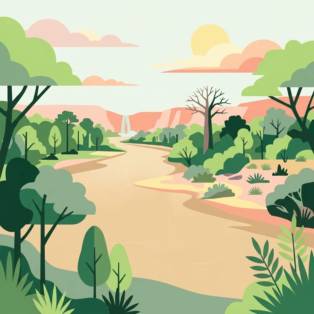 A flat vector-style illustration of a river flowing through a lush landscape with green trees, bushes, a bare-branched tree, and distant cliffs under a pale sun.