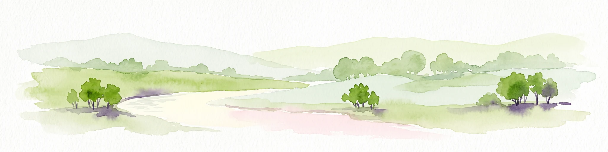 Una pintura minimalista en acuarela que representa un paisaje de sabana verde suave con árboles dispersos, colinas onduladas y un curso de agua central, aislado sobre un fondo blanco.