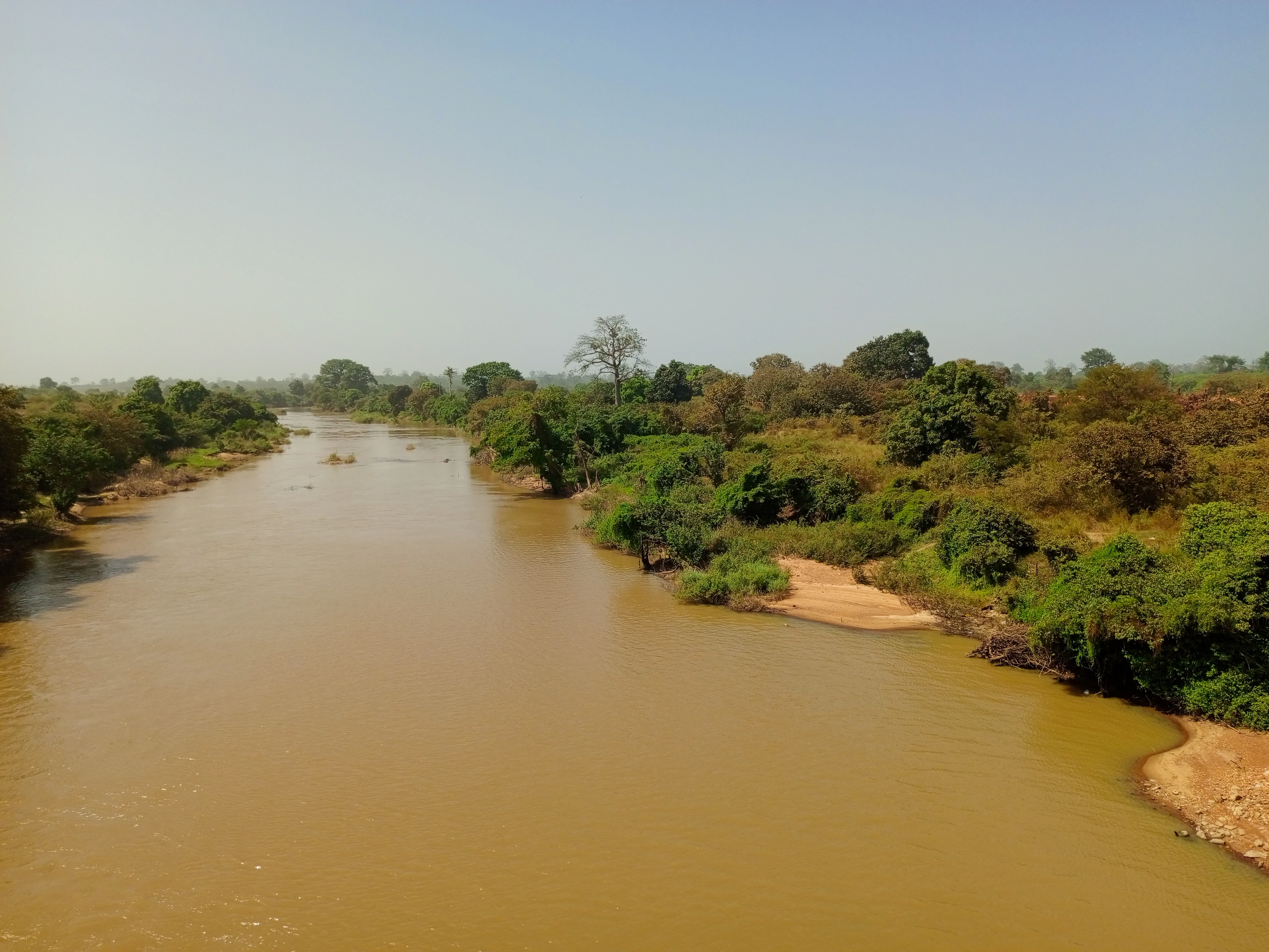 A wide, muddy-brown river flowing through a dry savanna landscape with trees and sandy banks under a clear sky.