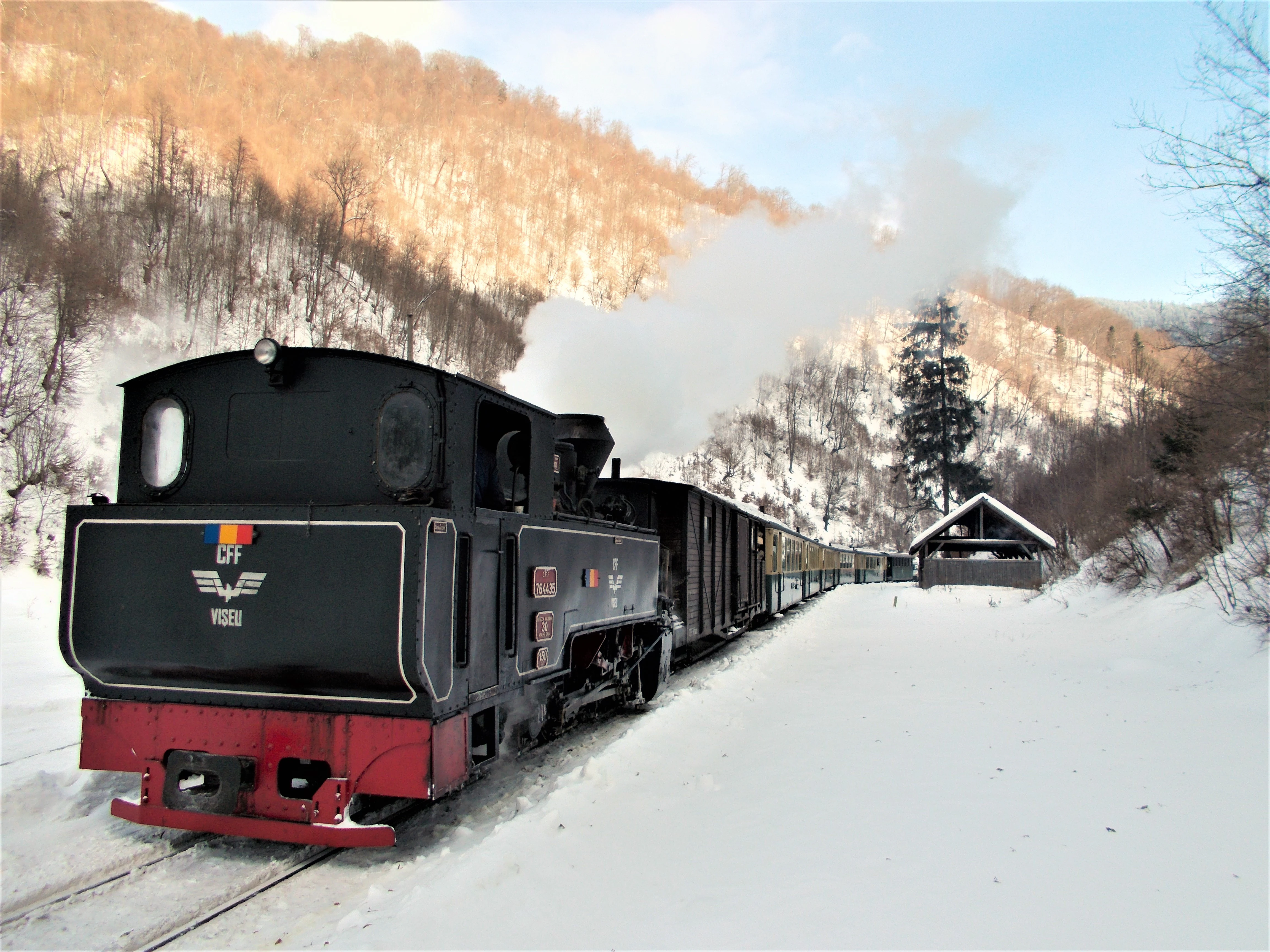 Black steam locomotive with red accents on snow-covered railway tracks, emitting steam, set against snow-covered mountains and trees, with a small wooden building in the background