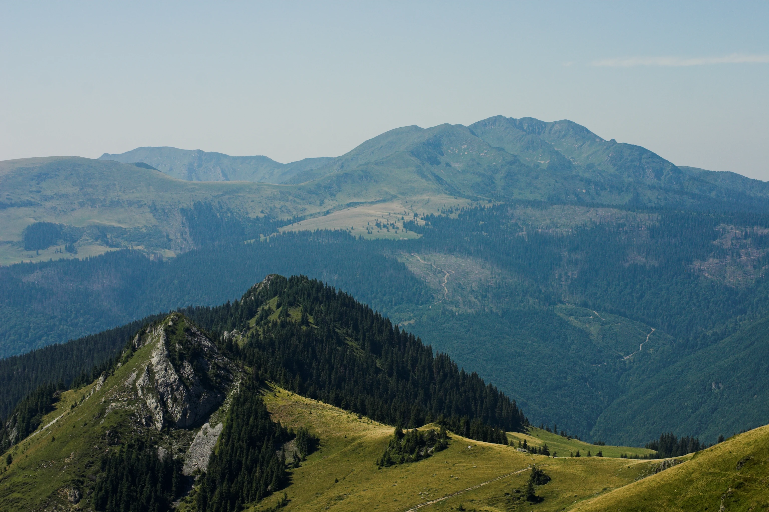 Panoramic view of Pop Ivan Massif with forested slopes, grassy hills, and distant mountain ranges under a clear sky