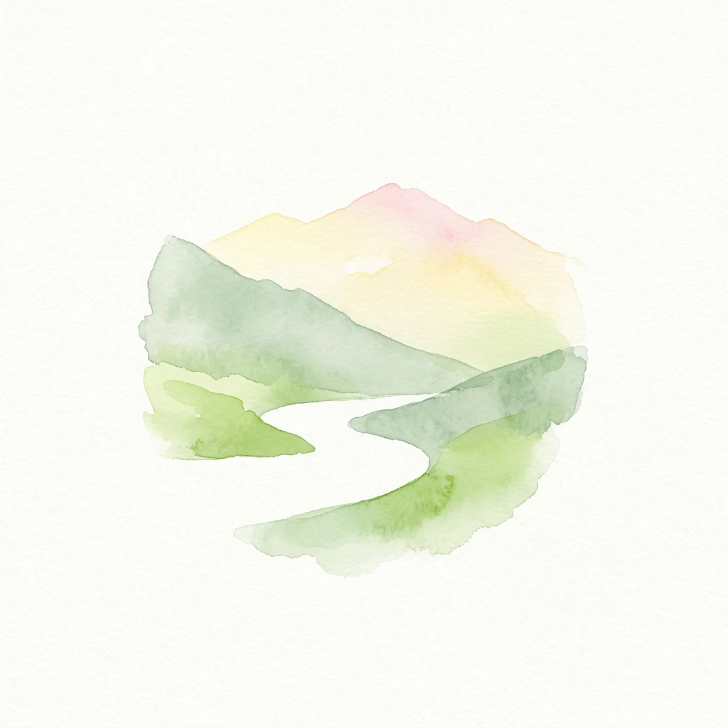 Watercolor painting of green hills, distant mountains, and a winding river under a soft sky.