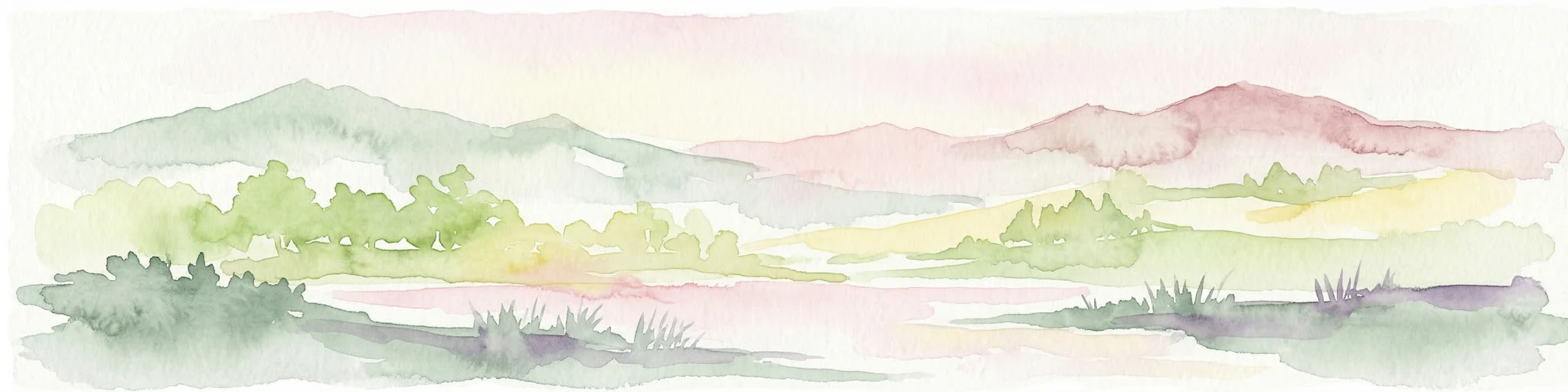 Ilustración en acuarela de un paisaje montañoso con colinas onduladas, un río y vegetación verde