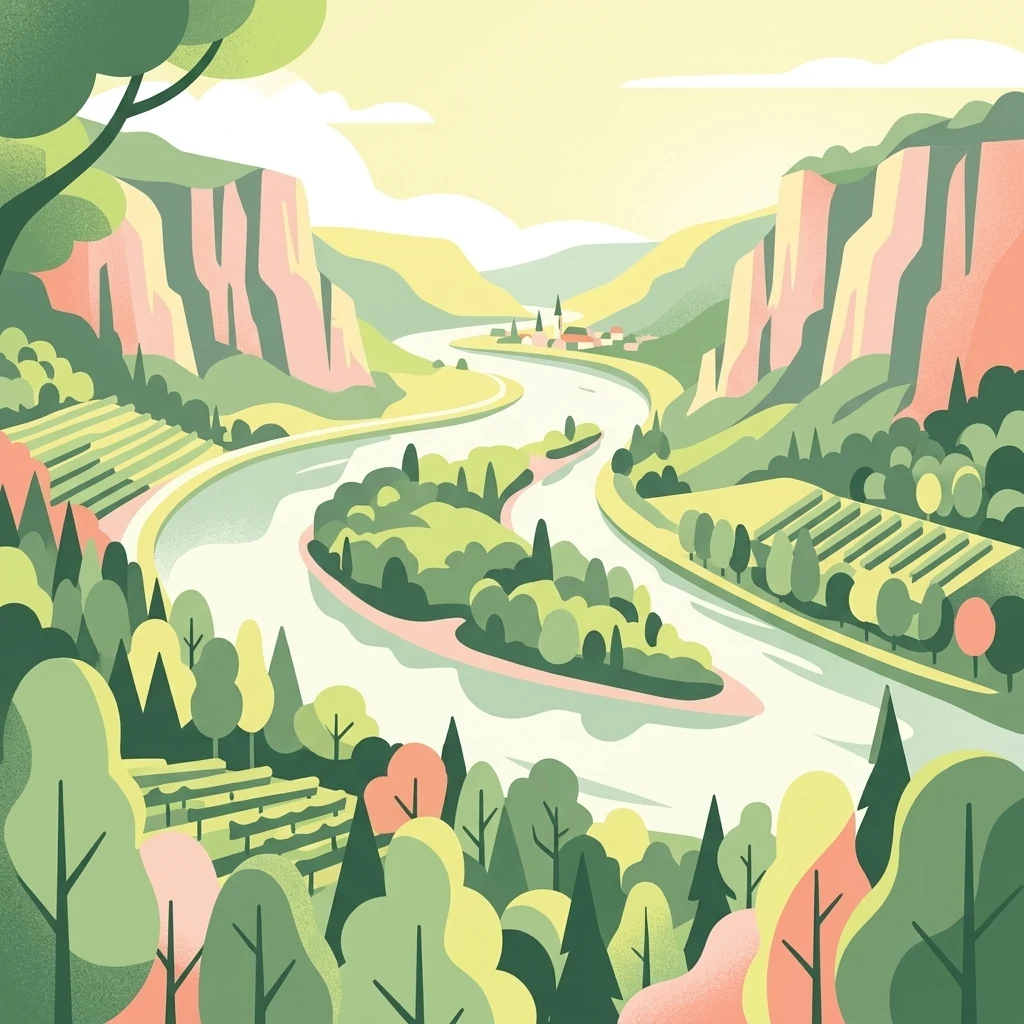 Una ilustración digital estilizada de un paisaje fluvial con una isla central cubierta de bosque denso. Las empinadas laderas del valle a ambos lados del río presentan viñedos en terrazas y zonas boscosas bajo un cielo suave y cálido.