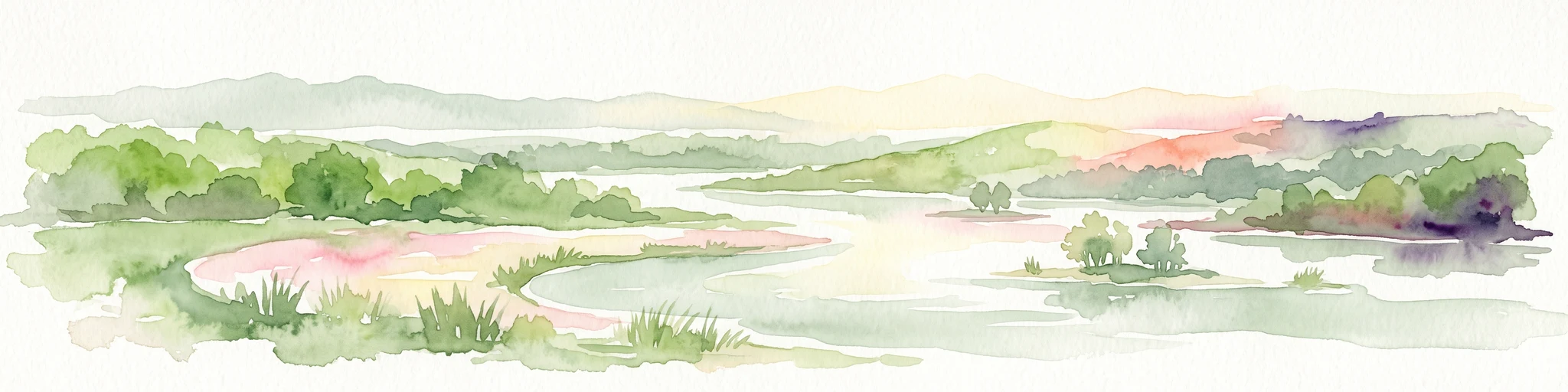 A horizontal watercolor painting of a river landscape with lush green trees, grasses, and a winding waterway under a soft light.