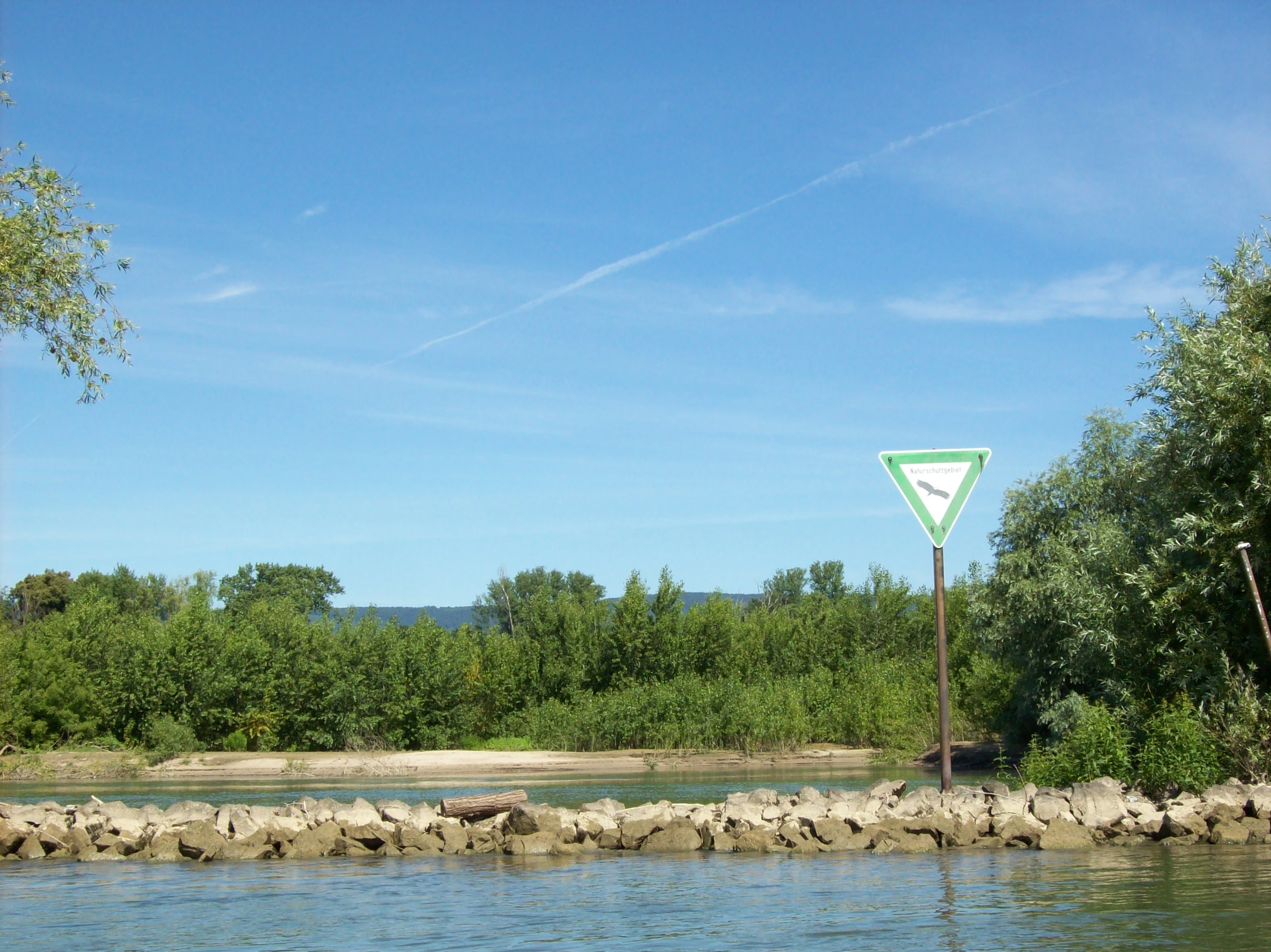 A wide view of a river bank with a lush, green forest on the island of Mariannenaue, a sandy shore, and a triangular nature reserve sign in the foreground.