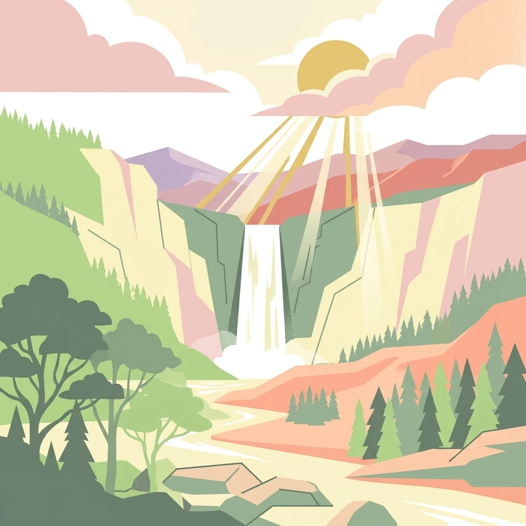 A flat, stylized digital illustration of a mountainous landscape with a river flowing from a cascading waterfall, surrounded by forest and under a sunlit sky with soft clouds.