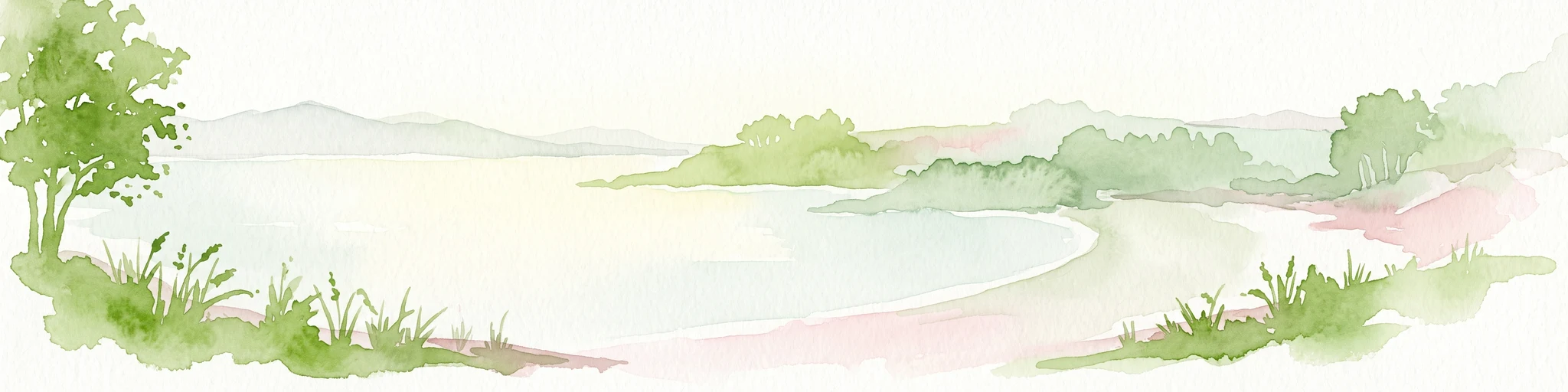 A soft, horizontal watercolor painting showing a calm body of water with gentle grassy banks, trees on the left, and distant rolling hills.