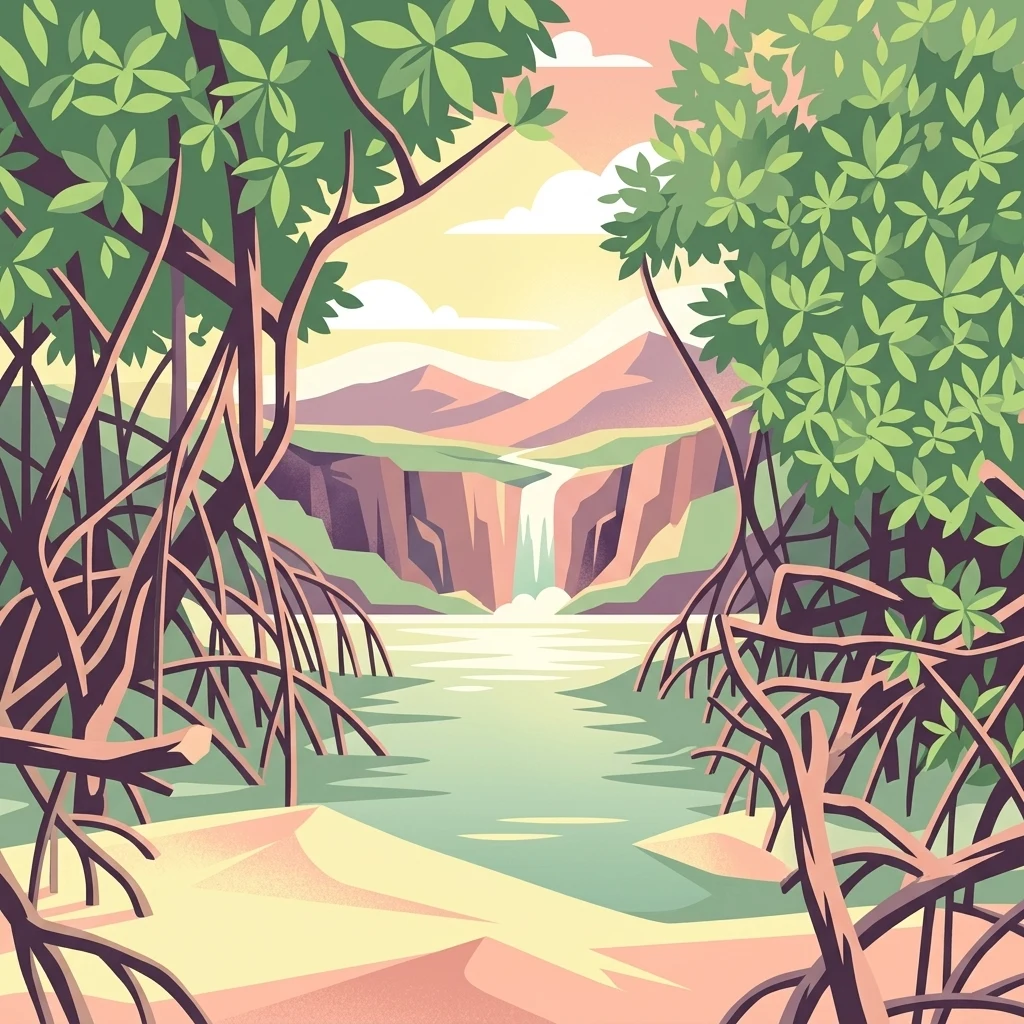 A digital illustration showing a view through mangrove trees towards a calm body of water, distant cliffs, and a small waterfall under a soft sky.