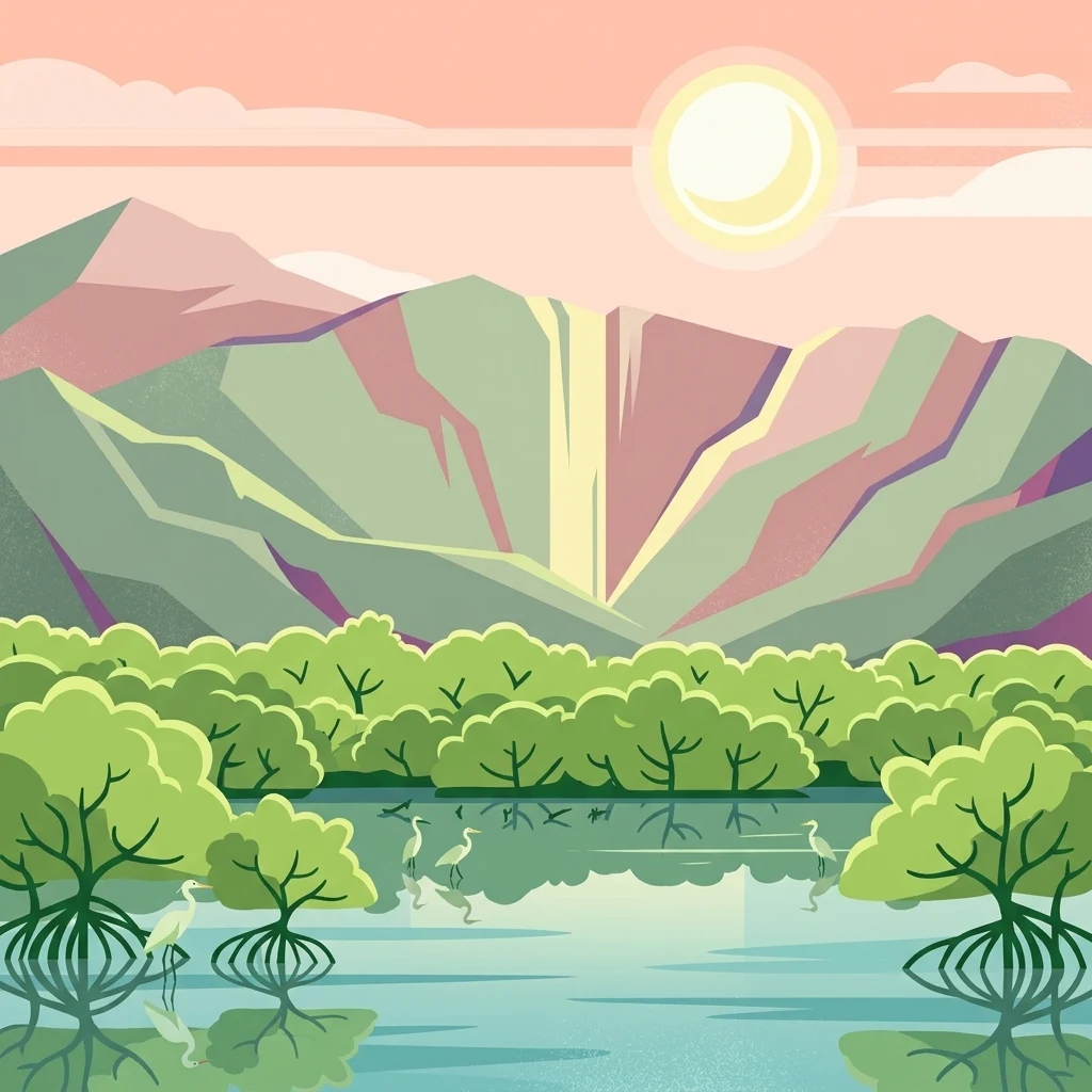 A stylized illustration showing a vibrant mangrove swamp in the foreground, with water, green trees, and white wading birds, against a background of mountains and a rising sun in a pastel sky.
