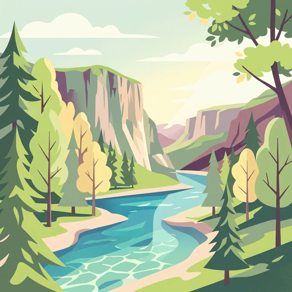 A stylized digital illustration of a river flowing through a forested mountain valley with steep cliffs, coniferous trees, and deciduous trees under a light sky.