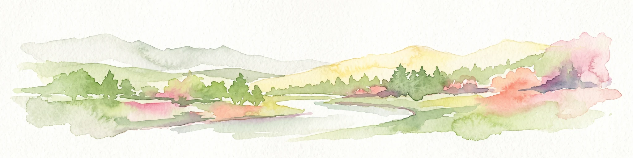 A watercolor illustration showing a winding river flowing through a lush green landscape with rolling hills in the background.