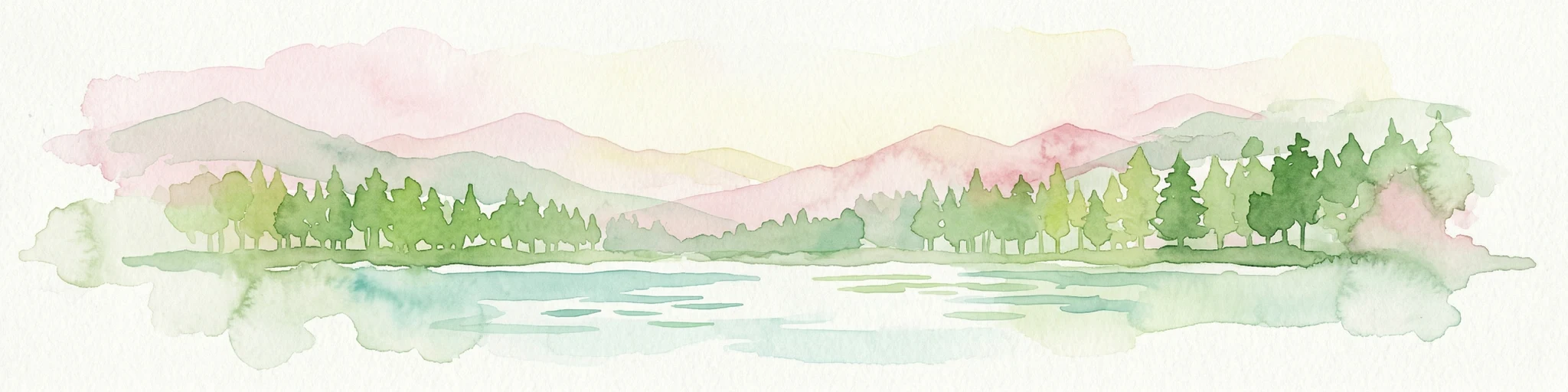 Ilustración de acuarela que muestra un lago, colinas boscosas y montañas al fondo