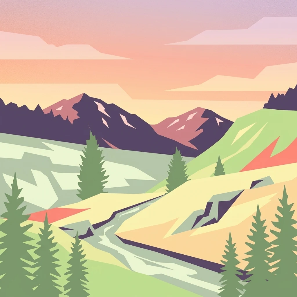 A graphic illustration of a mountainous landscape featuring a flowing stream, evergreen trees, and stylized purple mountains under a soft sunset sky.