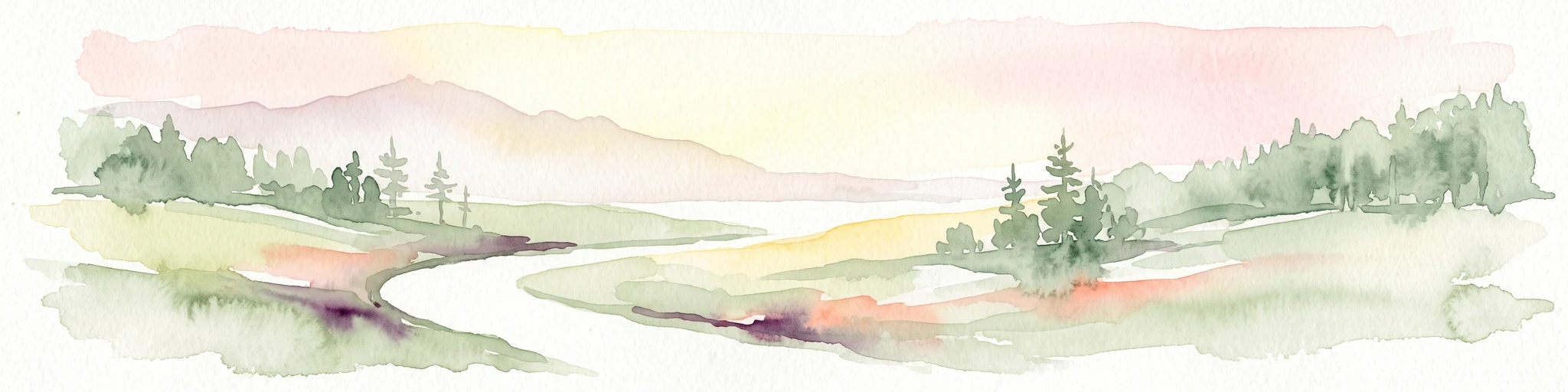 A soft watercolor painting of a serene river winding through a grassy valley toward distant hazy mountains, with evergreen trees dotting the landscape.