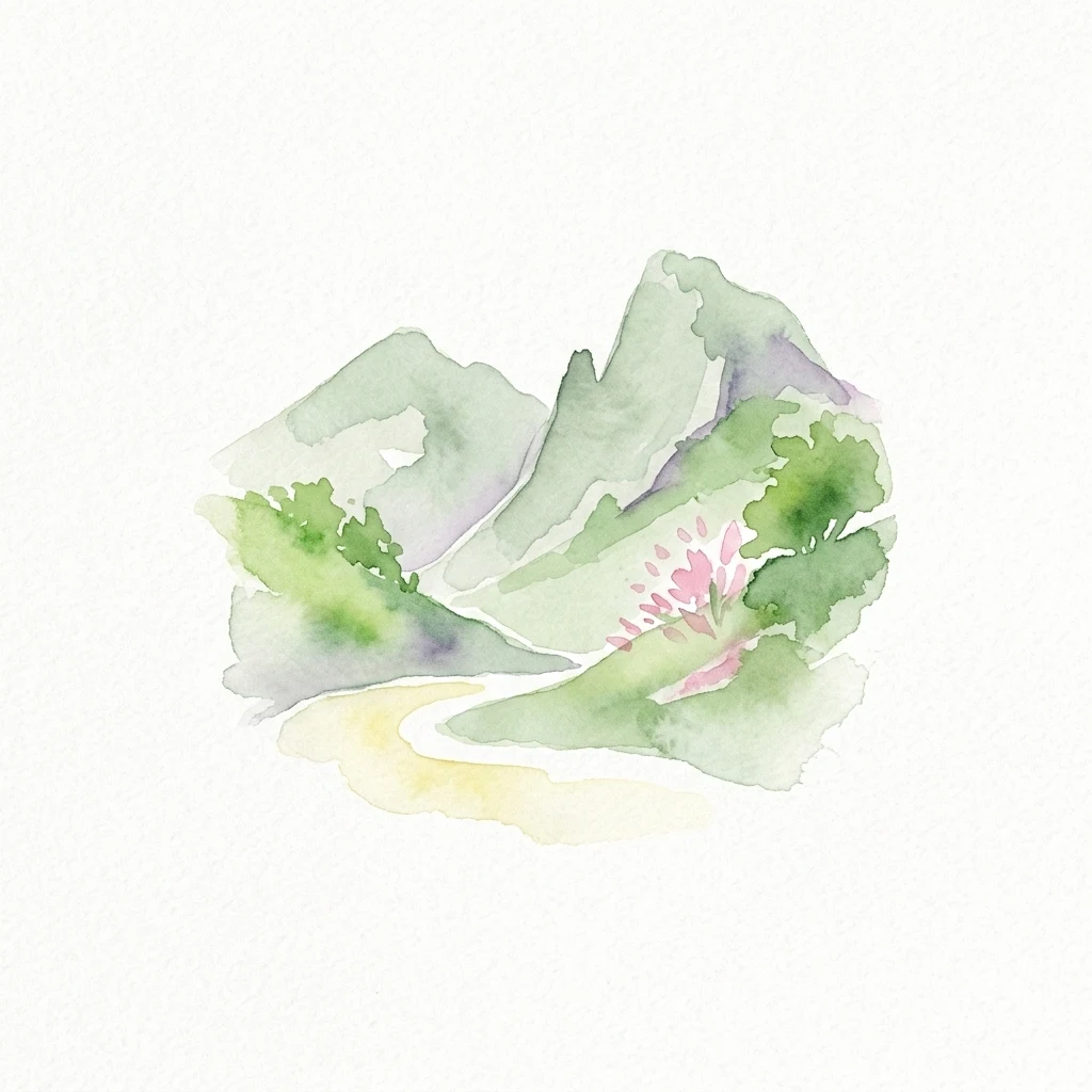 Pintura de acuarela de montañas verdes, un sendero sinuoso, árboles y flores rosas