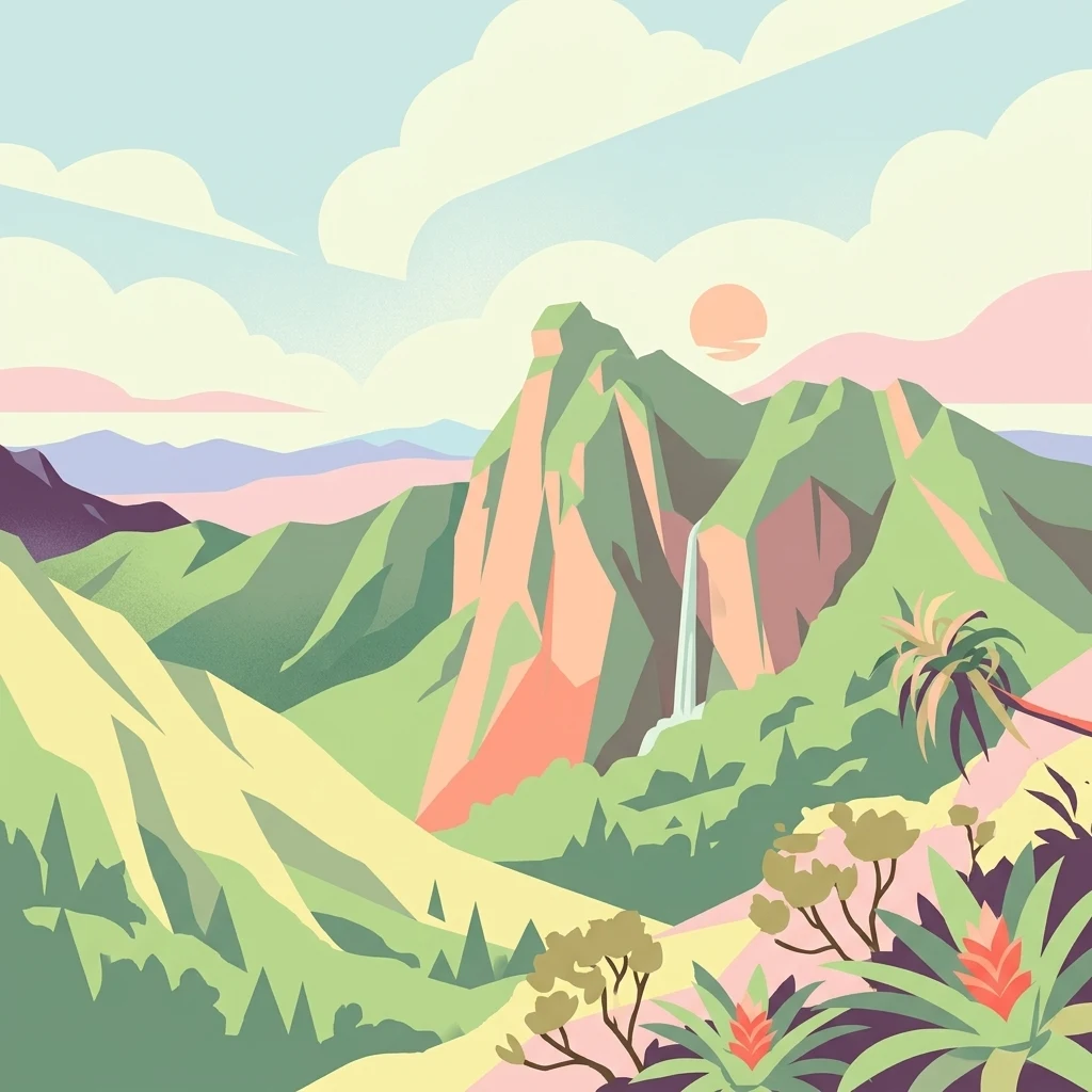 Illustration of green mountains with waterfall, palm trees, and sun in sky