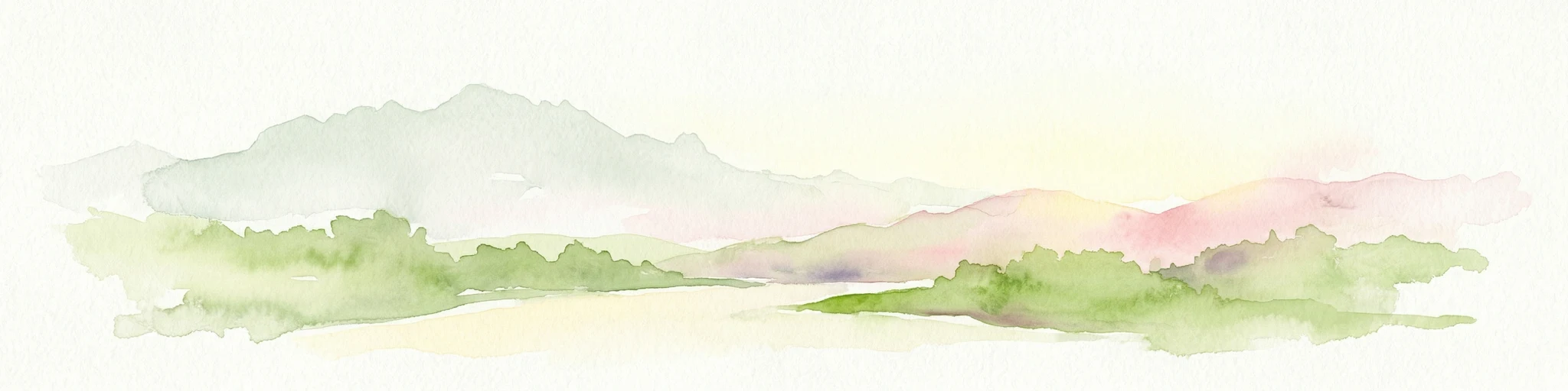 Watercolor painting of a mountainous landscape with green vegetation, a body of water, and distant peaks under a light sky