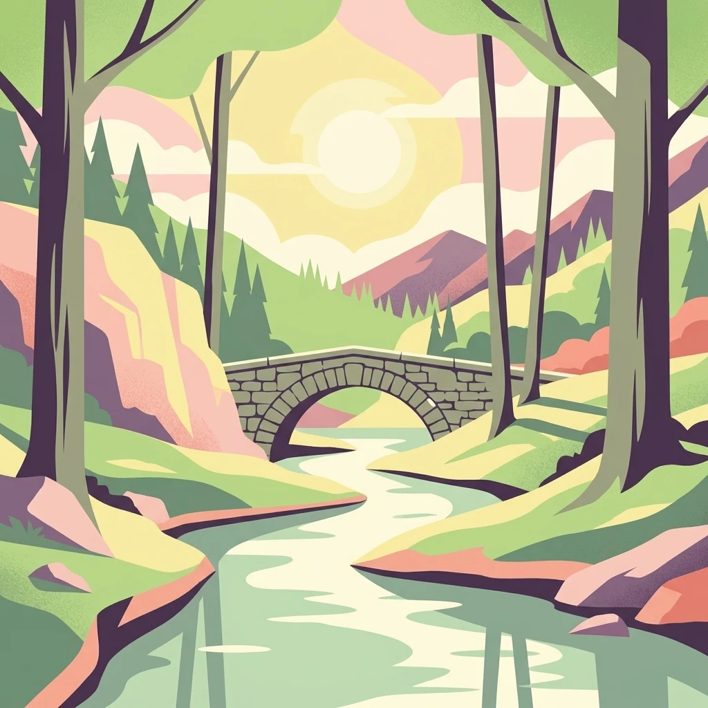 Stylized digital illustration showing a stone arch bridge crossing a calm river in a valley, framed by tall trees with soft pastel colors and mountains in the distance.