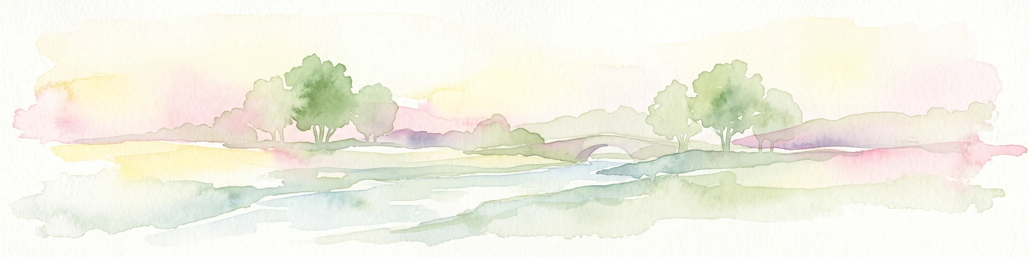 A soft watercolor painting of a river flowing through a gentle green valley with scattered trees and a small stone bridge, set against a pale yellow and pink sky.