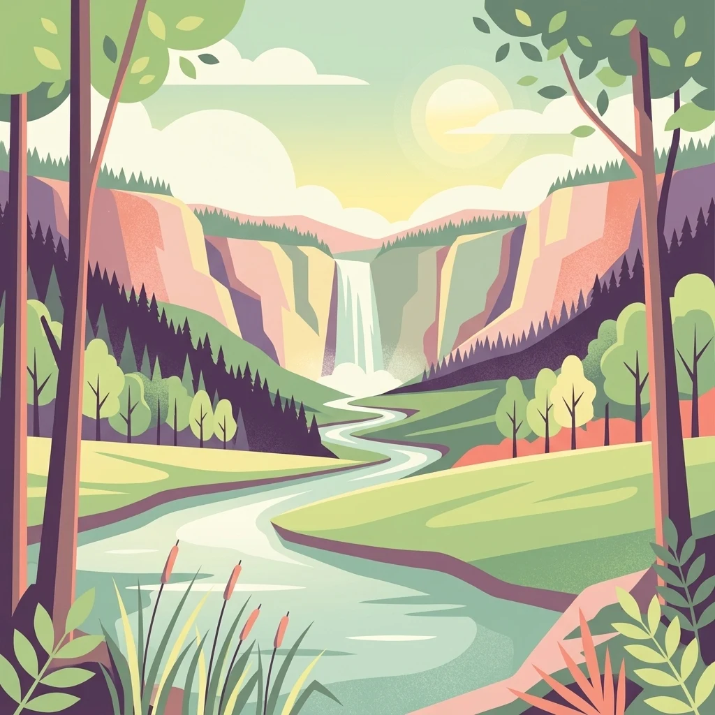Una ilustración digital de estilo plano que representa un río serpenteante que fluye a través de un valle boscoso hacia una cascada junto a un acantilado bajo un sol suave.