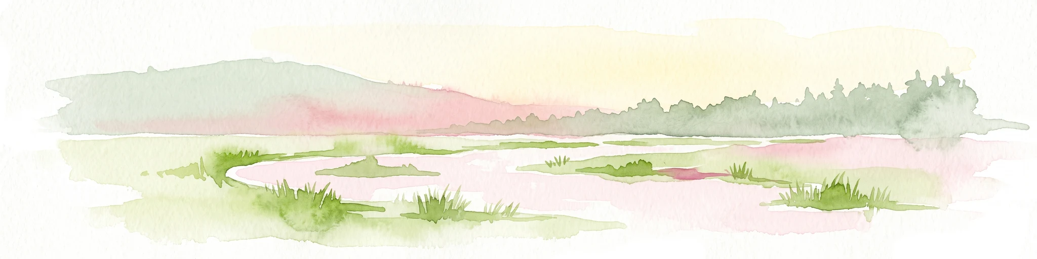 Una pintura horizontal en acuarela que muestra un paisaje suave con un arroyo serpenteante, praderas herbáceas y colinas boscosas distantes bajo un cielo pálido.