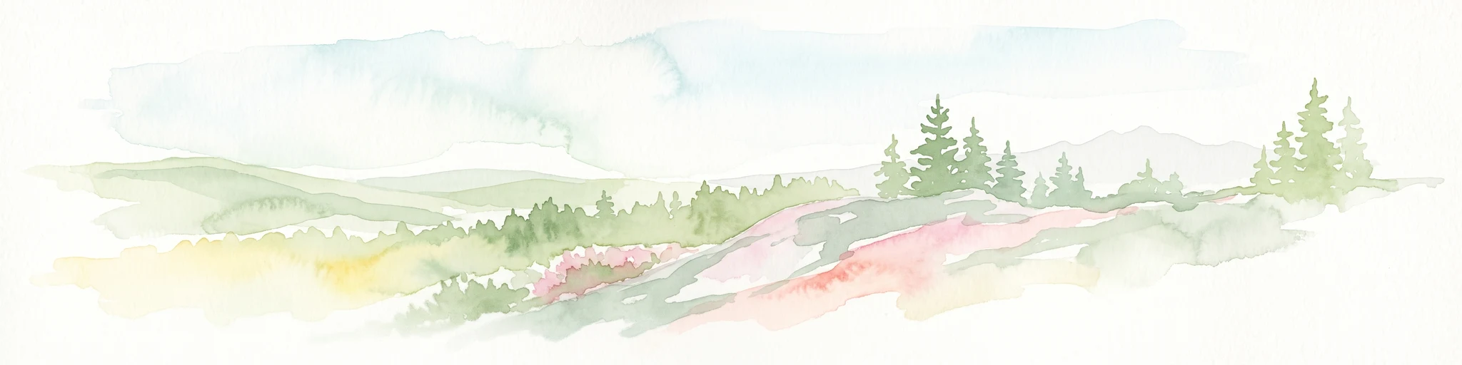 A soft watercolor painting of a hilly landscape featuring pine trees and low-lying vegetation in shades of green, yellow, and red, with a pale background.