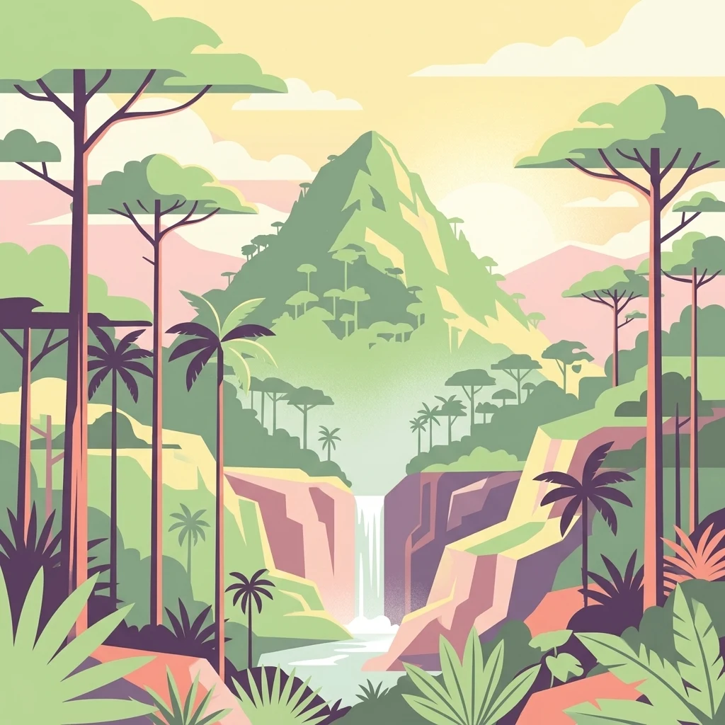 Una ilustración digital que muestra un paisaje montañoso y boscoso con una cascada central que fluye hacia un valle fluvial, enmarcado por árboles altos de estilo tropical.
