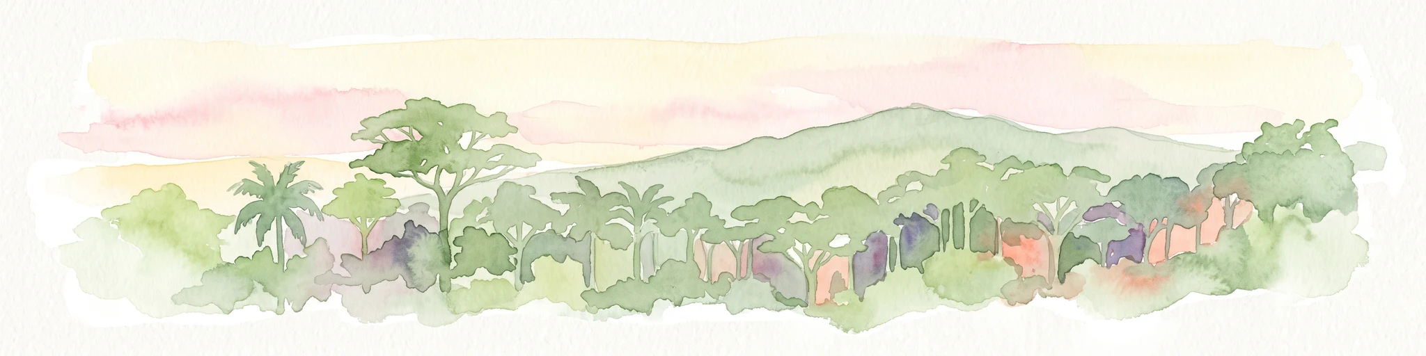 Acuarela de un paisaje montañoso boscoso y verde bajo un cielo pastel suave.