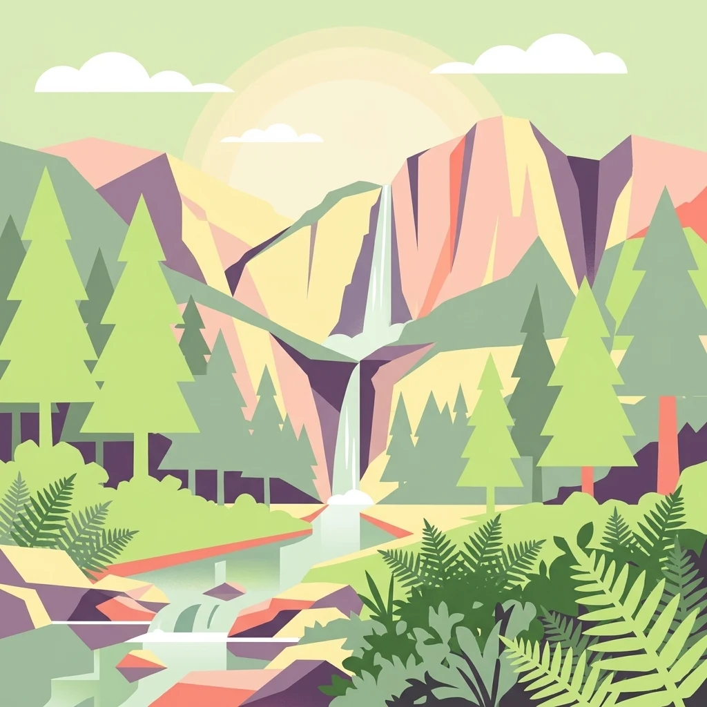 Una ilustración vectorial de diseño plano de una escena de montaña con una alta cascada que cae en un arroyo, rodeada de coníferas, helechos y terreno rocoso.