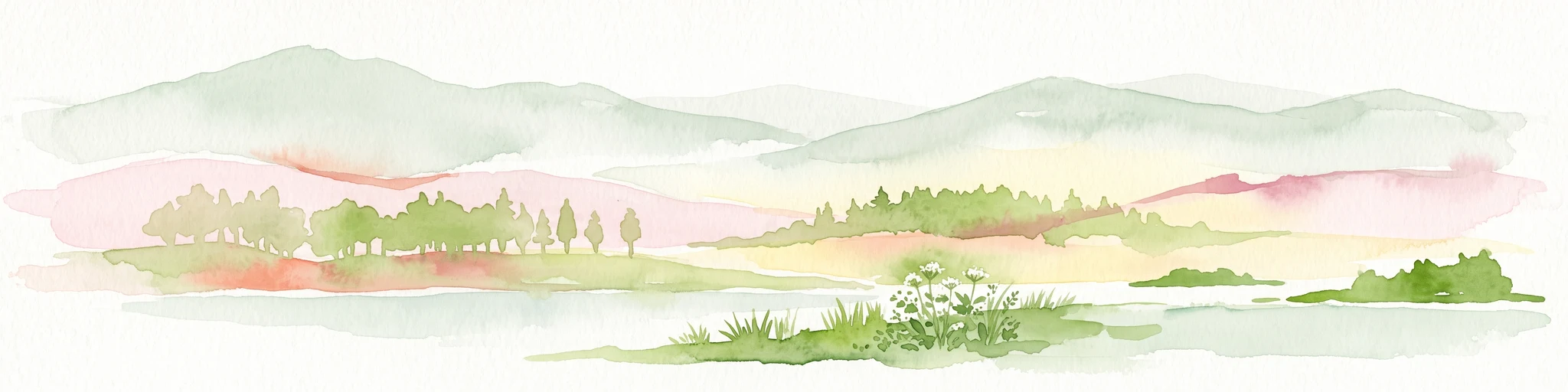 A horizontal watercolor illustration depicting rolling green hills in the background, a line of trees in the midground, and a grassy meadow with small white flowers in the foreground.