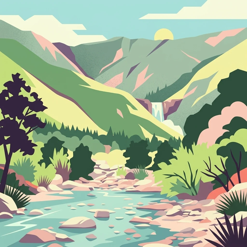 A stylized graphic illustration of a mountain canyon with a stream in the foreground, rocky banks, surrounding vegetation, a small waterfall in the distance, and a sun rising over the hills.