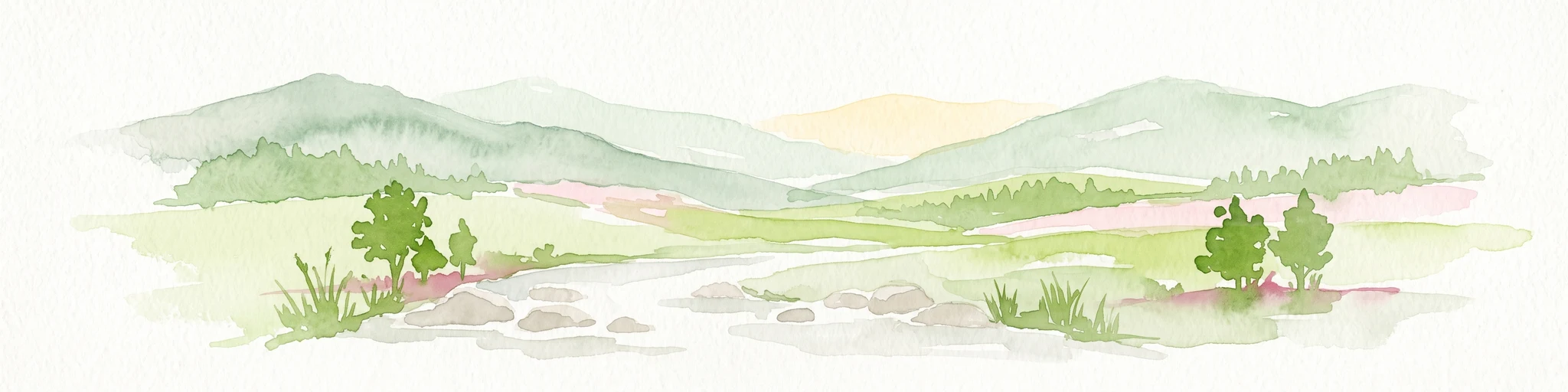 Watercolor painting of a mountain range with a winding stream, small trees, and grassy foreground on a white background.