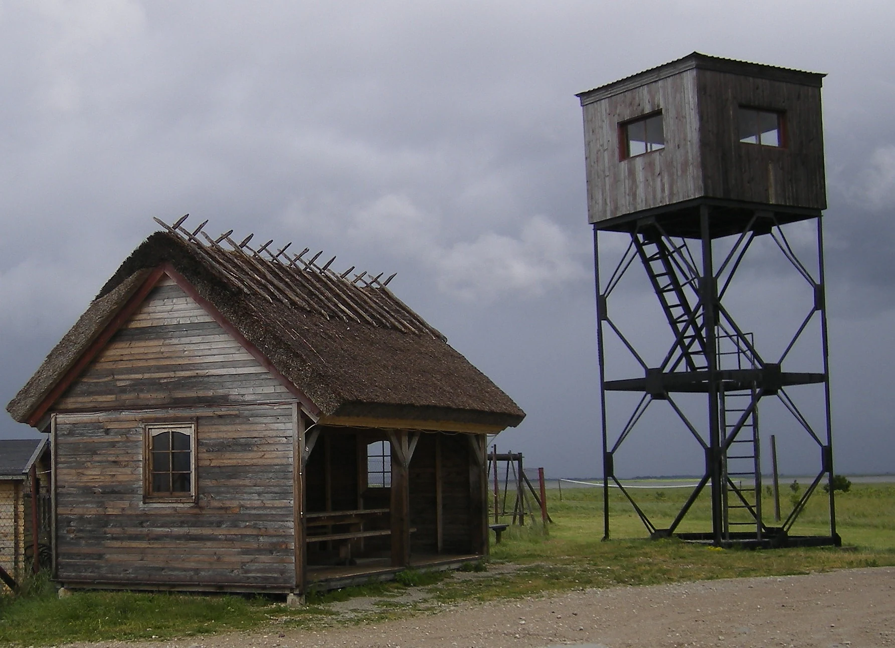 Wooden building with thatched roof and adjacent elevated observation tower in a grassy field