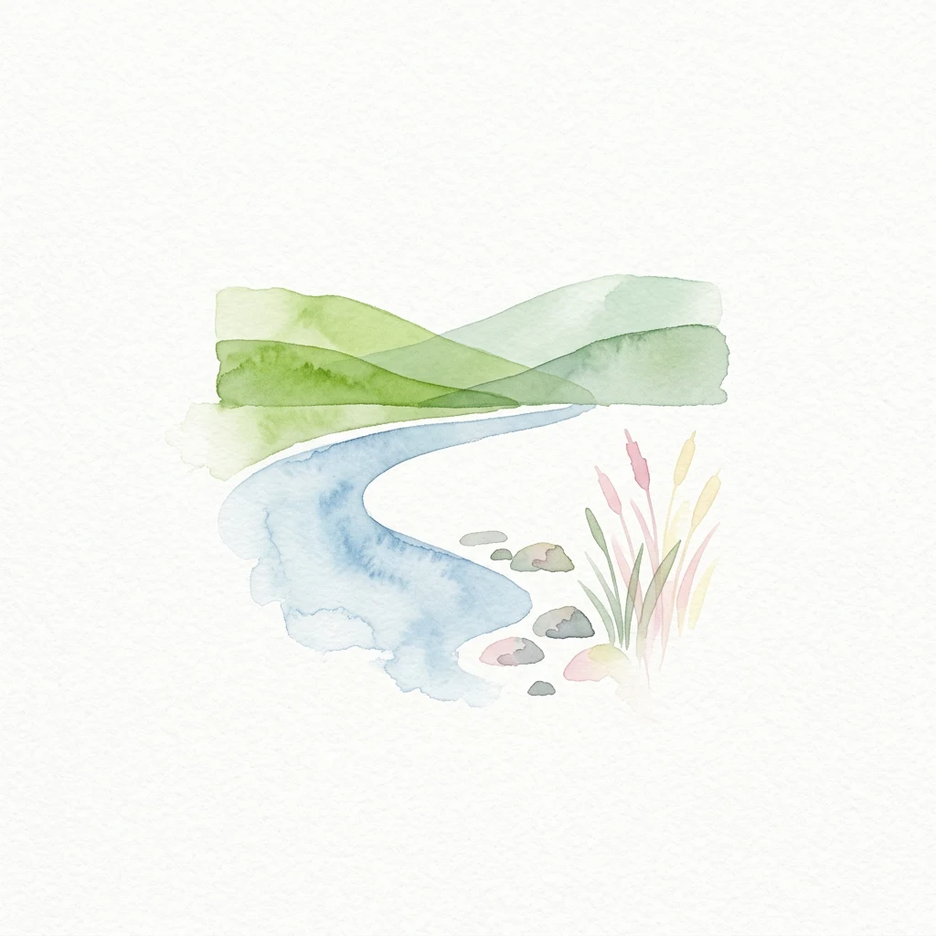 Ilustración en acuarela de un arroyo azul serpenteando entre colinas verdes con rocas y hierbas altas