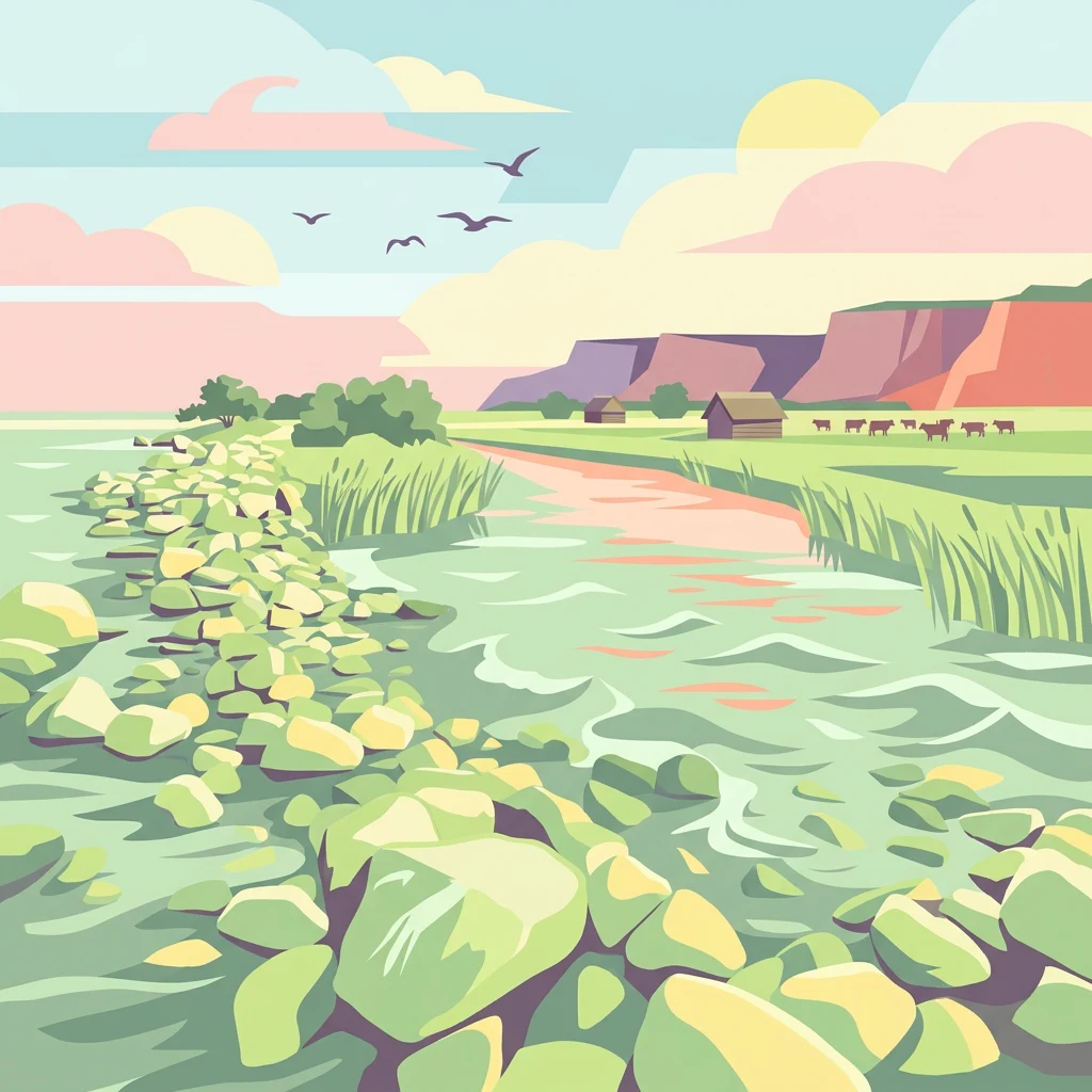 Stylized illustration showing a river with rocky shoreline, grassy banks, cliffs in the background, and birds flying in a pastel sky
