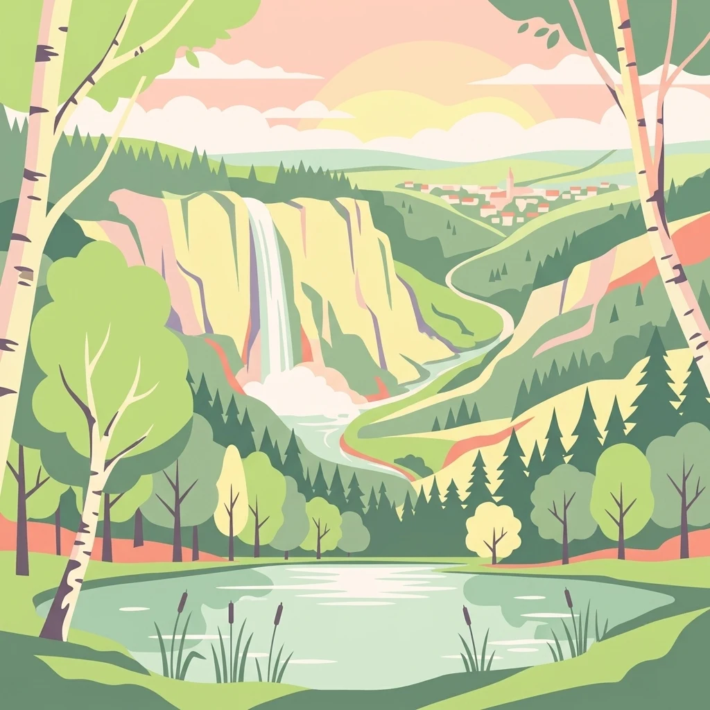 A stylized flat illustration of a natural landscape with a calm foreground lake, a waterfall cascading over cliffs in the midground, and a small town in the distant valley, framed by birch trees.